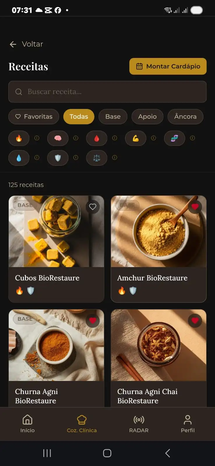 Tela Receitas, 125 receitas com filtro por função