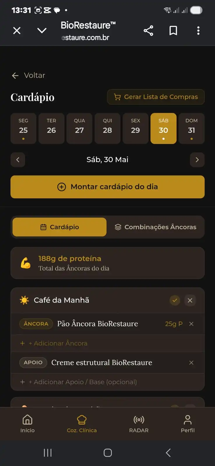 Tela Cardápio, soma automática de proteína