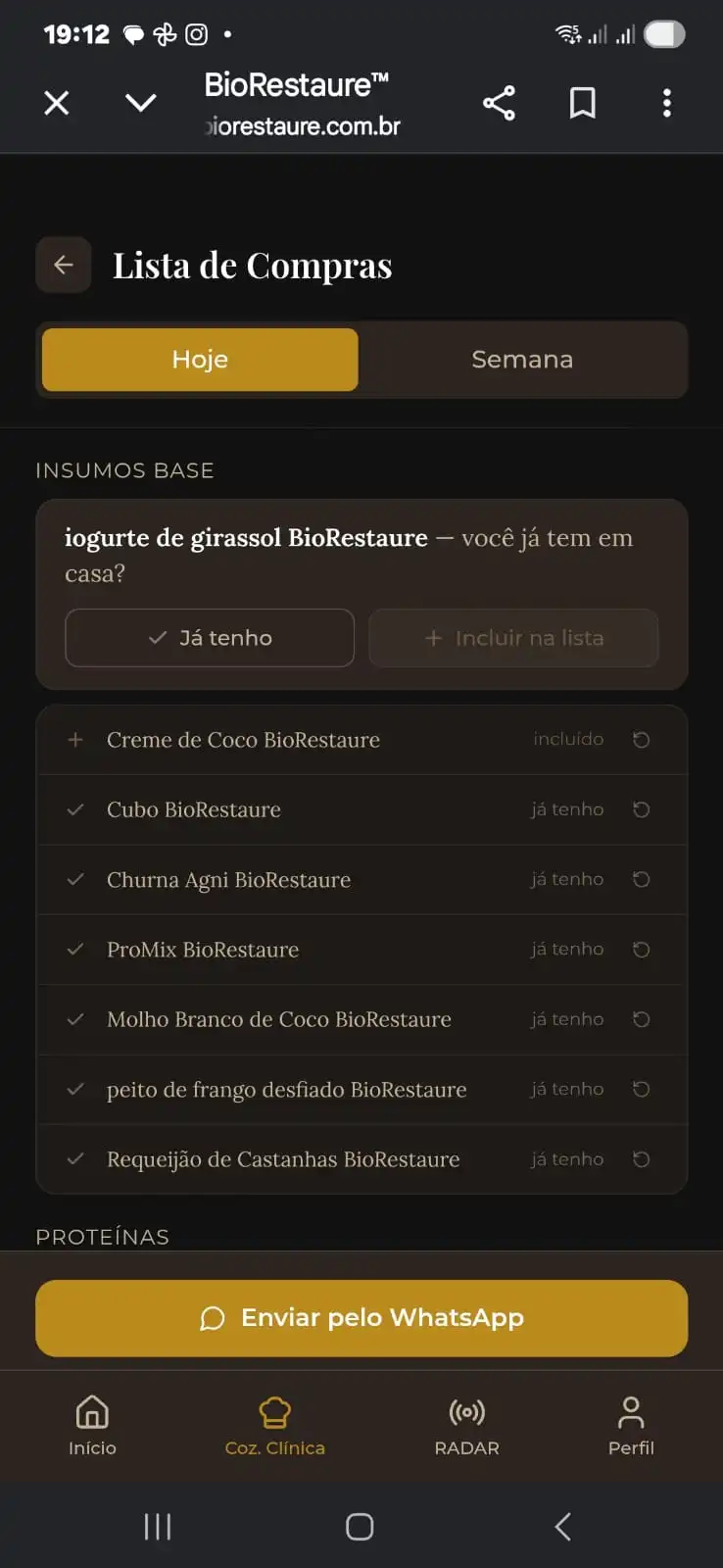 Tela Lista de Compras, direto no WhatsApp
